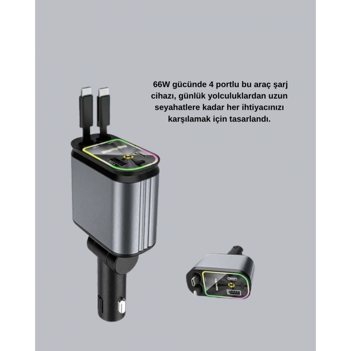 BFS Araç Şarj Cihazı 4 Portlu 66W Hızlı Şarjlı LED Işıklı ve 180° Dönebilir