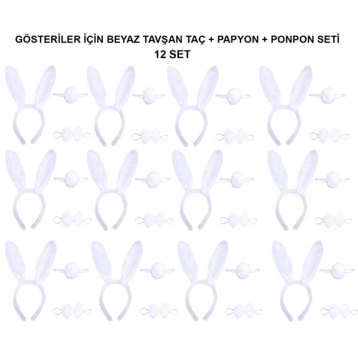 BFS   Beyaz Tavşan Kostüm Seti – Taç, Papyon, Kuyruk (12’li Paket)