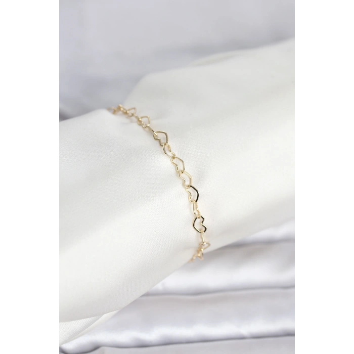 Mey İthalat® CM 14K Gold Renk Kalpli Zincir Model Kadın Bileklik