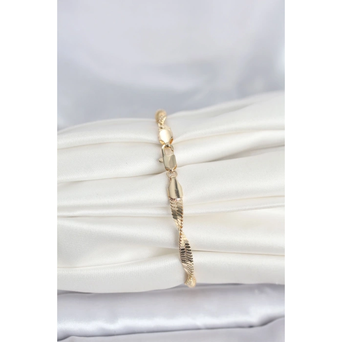 Mey İthalat® CM 14K Gold Renk Zincir Kalın Yassı Ezme Burgu Model Kadın Bileklik