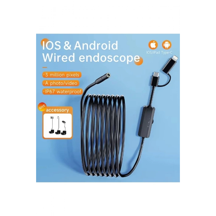 BFS Endoskop Yılan Video Kamera Ios Ve Android Uyumlu Led’li 10 Metre 8 Mm Sert Kablo 2mp