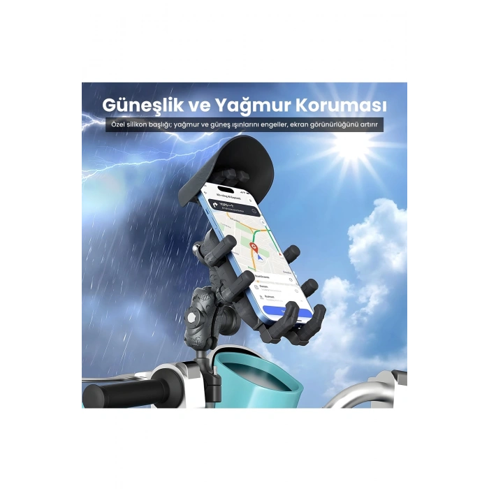 BFS Gidon Bağlantılı Güneş Ve Yağmur Korumalı 360° Derece Ayarlanabilir Motosiklet Bisiklet Telefon Tutucu