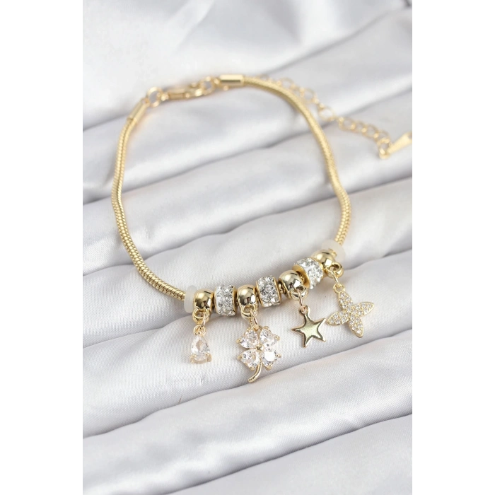 Mey İthalat® Gold Renk Pirinç Yonca Charmlı Kadın Bileklik