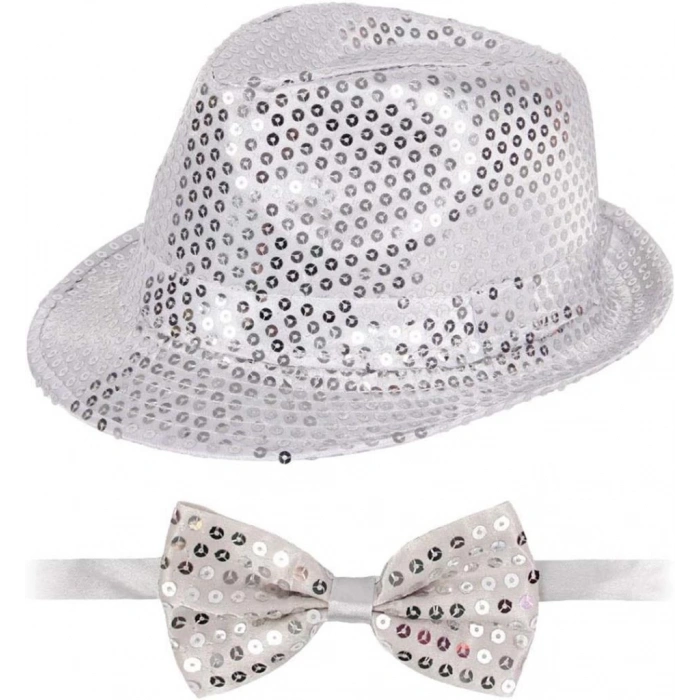 BFS   Gümüş Payetli Şapka ve Papyon Seti – Parıltılı Yetişkin Kostüm Seti