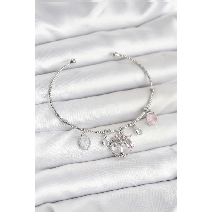 Mey İthalat® Hayat Ağacı Charmlı Gümüş Renk Pirinç Kadın Bileklik