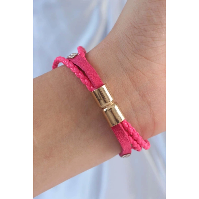 Mey İthalat® Pembe Renk Zirkon Taşlı Deri Çoklu Bileklik