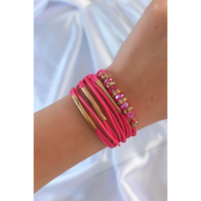 Mey İthalat® Pembe Renk Zirkon Taşlı Metal Aksesuarlı İpli Çoklu Bileklik