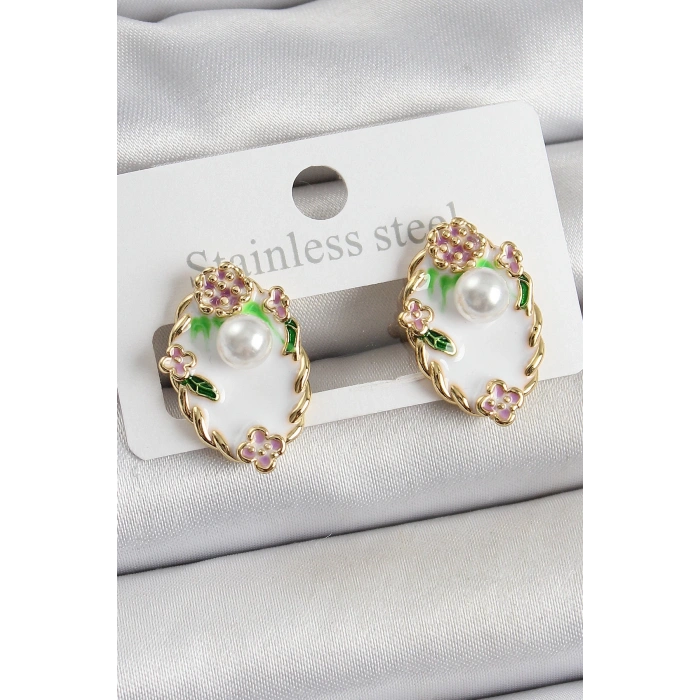 BFS Pirinç Beyaz Mineli İnci Detaylı Sanatsal Portre Model Gold Renk Kadın Küpe