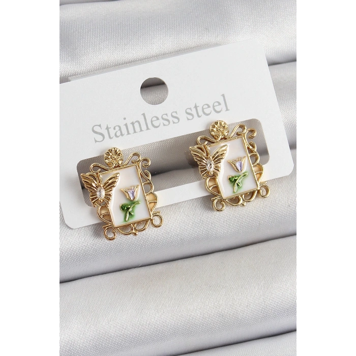 BFS Pirinç Beyaz Mineli Sanatsal Portre Model Gold Renk Kadın Küpe