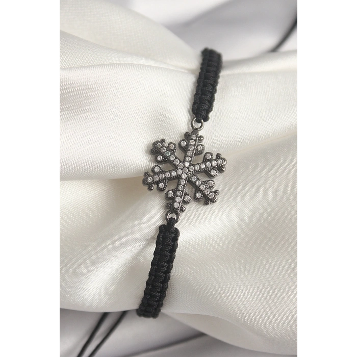 Mey İthalat® Pirinç Füme Renk Zirkon Taşlı Kar Tanesi Figür Makrome Asansörlü Model Kadın Bileklik