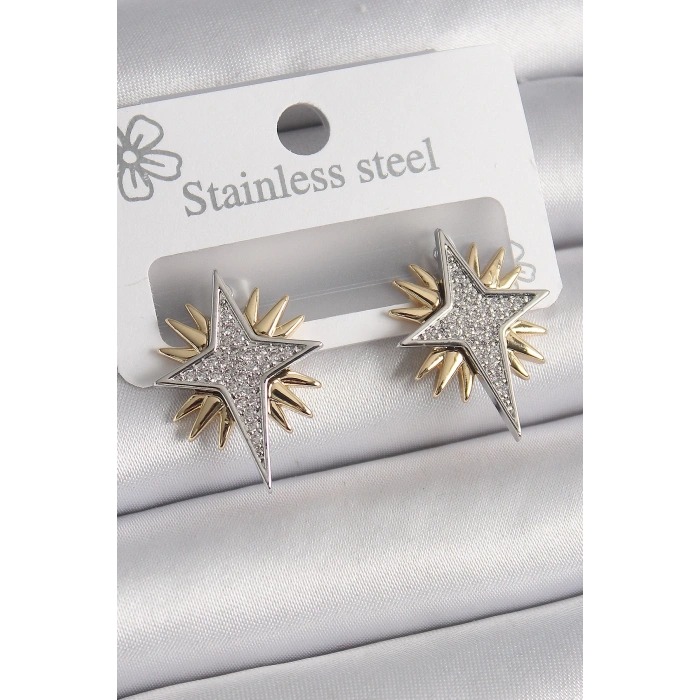 BFS Pirinç Gold Gümüş Renk Zirkon Taşlı Kutup Yılıdız Model Kadın Küpe