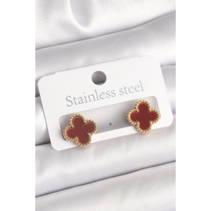 BFS Pirinç Gold Renk Bordo Yonca Model Kadın Küpe