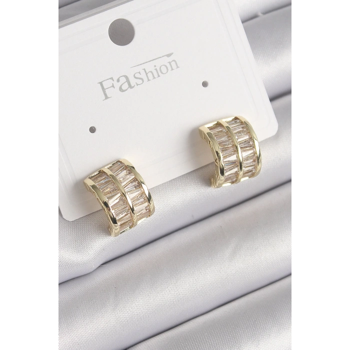 BFS Pirinç Gold Renk Çift Sıra Zirkon Taşlı Kadın Küpe