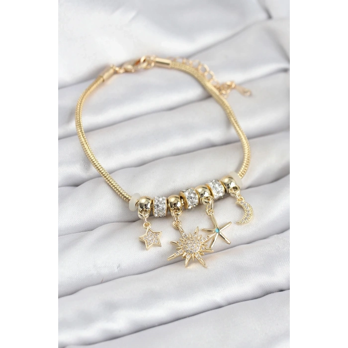 Mey İthalat® Pirinç Gold Renk Güneş Tema Charmlı Kadın Bileklik