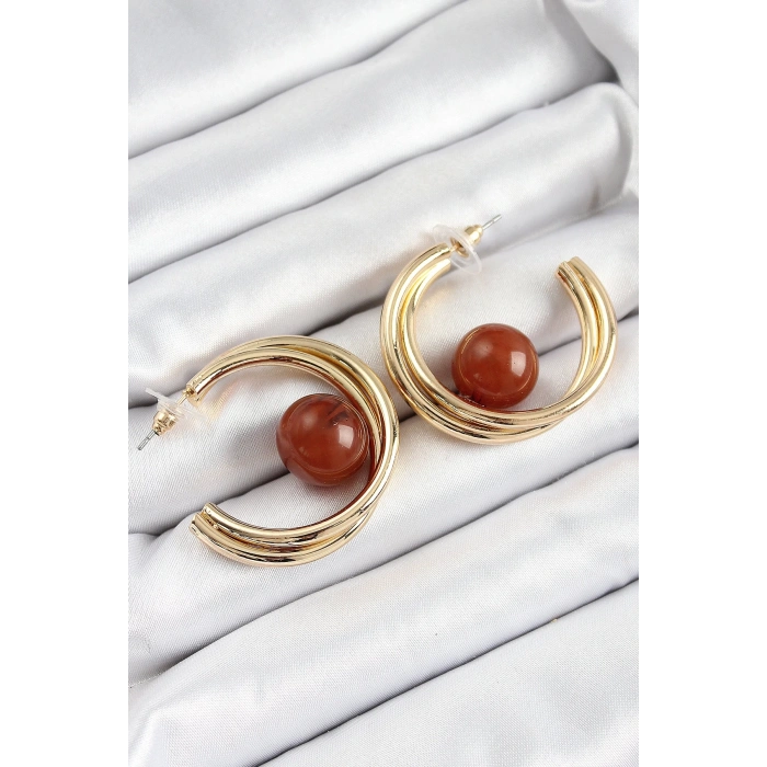 BFS Pirinç Gold Renk Halka Model Kahverengi Boncuk Detay Kadın Küpe