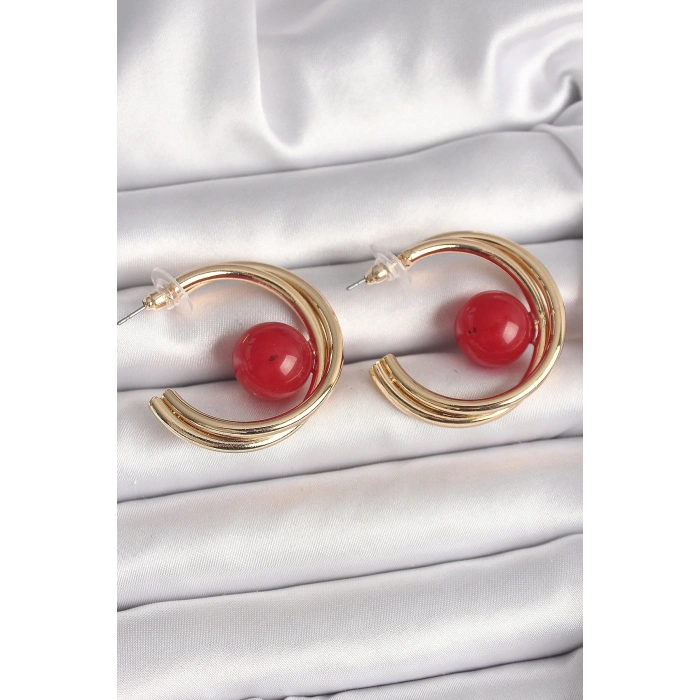 BFS Pirinç Gold Renk Halka Model Kırmızı Boncuk Detay Kadın Küpe