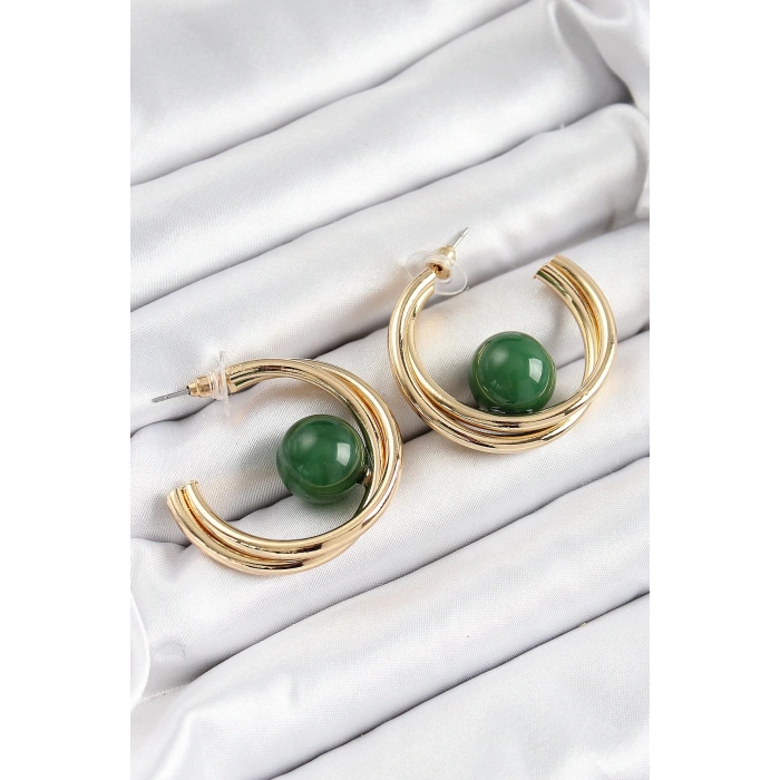 BFS Pirinç Gold Renk Halka Model Yeşil Boncuk Detay Kadın Küpe