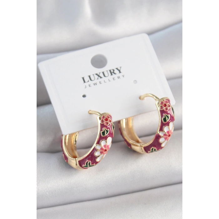 BFS Pirinç Gold Renk Halka Mor Çiçek Mineli Kadın Küpe