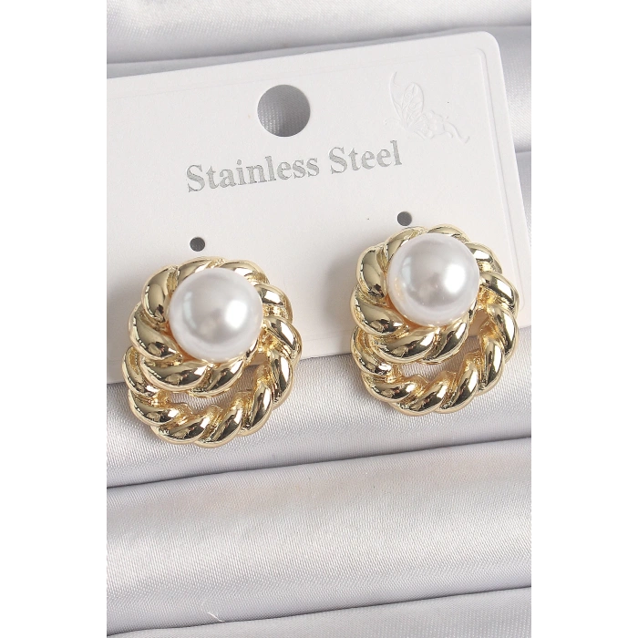 BFS Pirinç Gold Renk İncili Sarmal Burgu Model Kadın Küpe