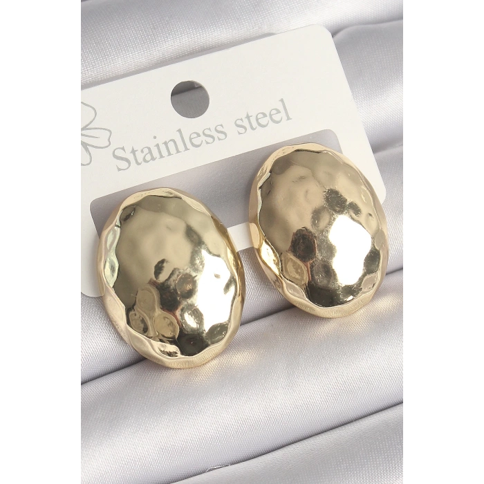 BFS Pirinç Gold Renk İşlemeli Bombe Oval Model Kadın Küpe