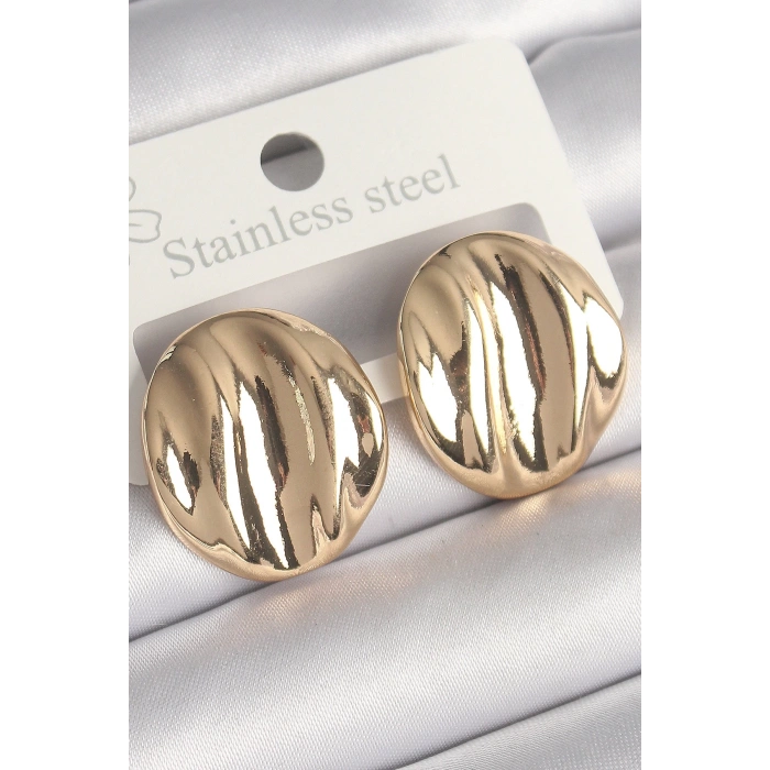 BFS Pirinç Gold Renk İşlemeli Daire Plaka Model Kadın Küpe