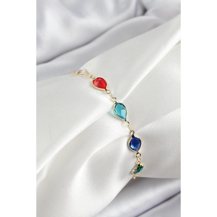 Mey İthalat® Pirinç Gold Renk Karışık Renk Damla Zirkon Taşlı Kadın Bileklik