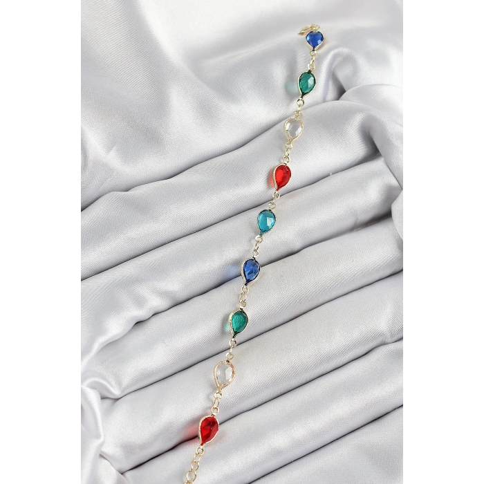 Mey İthalat® Pirinç Gold Renk Karışık Renk Damla Zirkon Taşlı Kadın Bileklik