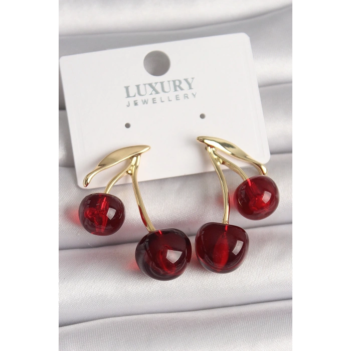 BFS Pirinç Gold Renk Kırmızı Kiraz Model Kadın Küpe