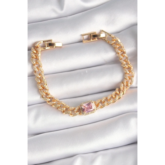 Mey İthalat® Pirinç Gold Renk Pembe Kare Zirkon Taşlı VIP Seri Kadın Bileklik