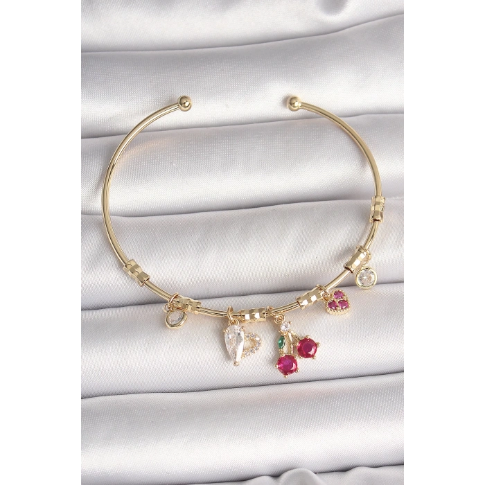 Mey İthalat® Pirinç Gold Renk Sallantı Kırmızı Zirkon Taşlı Kiraz Figür Charm Kadın Bileklik