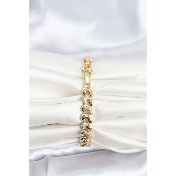 Mey İthalat® Pirinç Gold Renk VIP Seri Sarmal Damla Model Zirkon Taşlı Kadın Bileklik