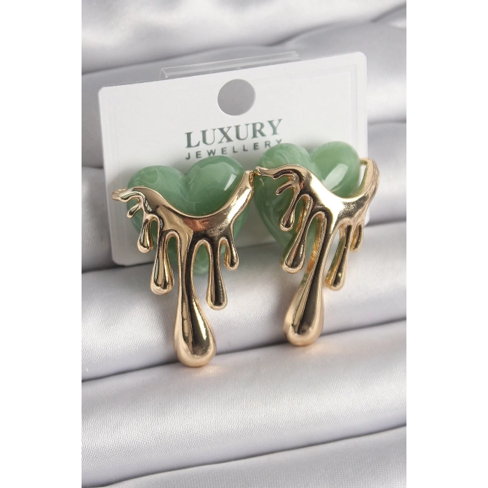 BFS Pirinç Gold Renk Yeşil Sedefli Akan Kalp Model Kadın Küpe