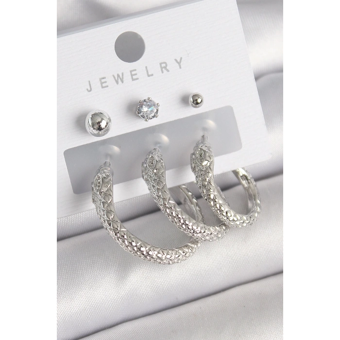 BFS Pirinç Gold Renk Zirkon Taş Detaylı Halka Yılan Model Kadın Küpe Seti