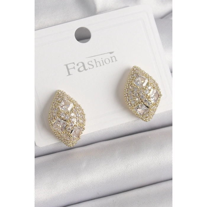 BFS Pirinç Gold Renk Zirkon Taş İşlemeli Damla Model Kadın Küpe