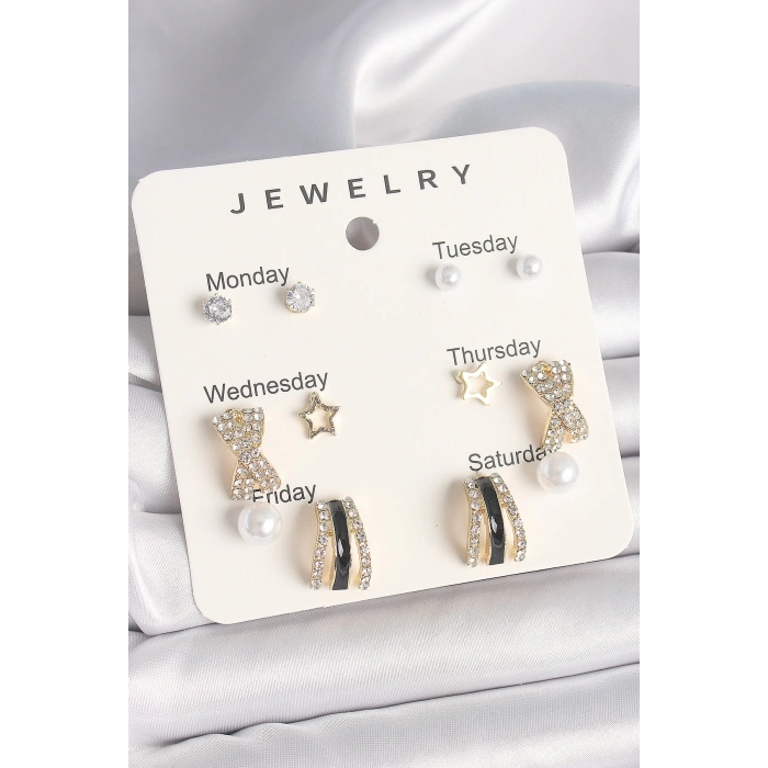 BFS Pirinç Gold Renk Zirkon Taş Yıldız Detaylı İncili 7Li Set Kadın Küpe Seti