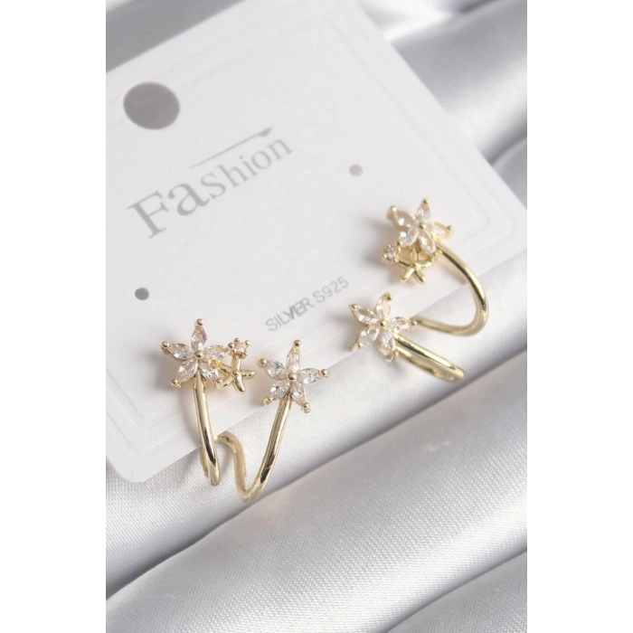 BFS Pirinç Gold Renk Zirkon Taşlı Çiçek Model Kadın Küpe