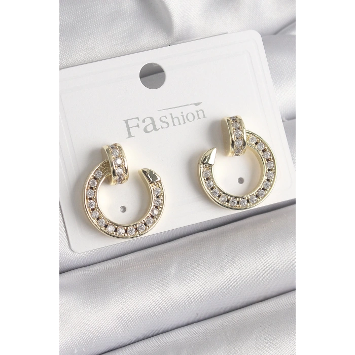 BFS Pirinç Gold Renk Zirkon Taşlı Çivi Halka Model Kadın Küpe