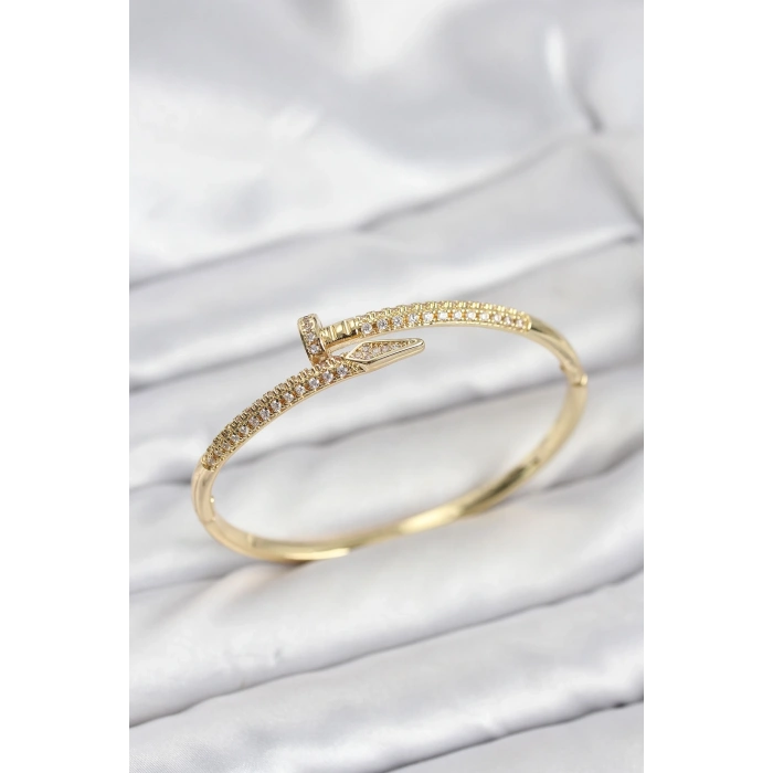 Mey İthalat® Pirinç Gold Renk Zirkon Taşlı Çivi Model Kadın Kelepçe Bileklik