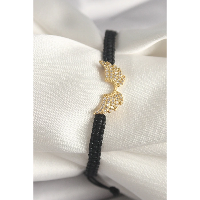 Mey İthalat® Pirinç Gold Renk Zirkon Taşlı Kanat Figür Asansörlü Makrome Model Kadın Bileklik