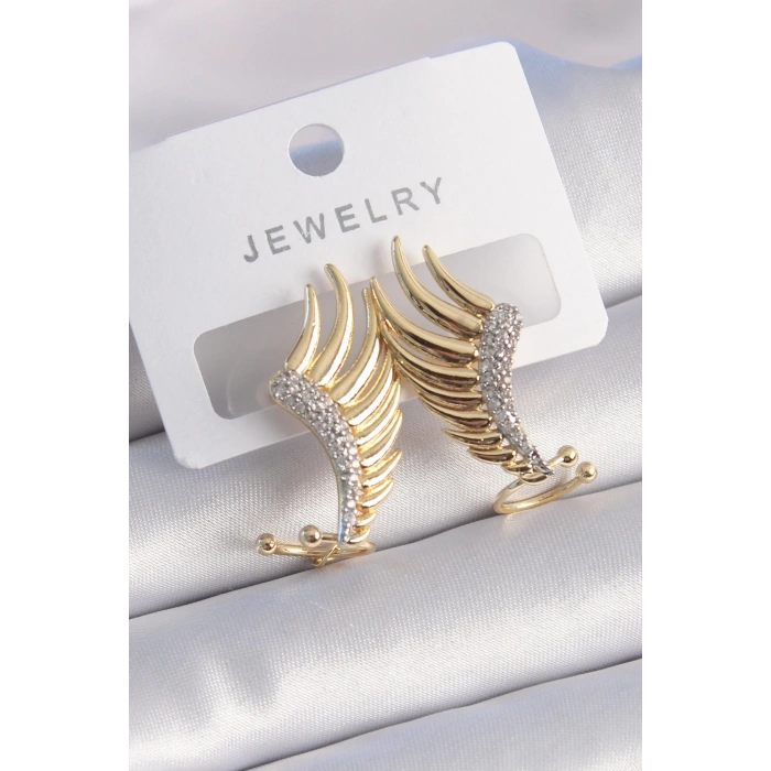 BFS Pirinç Gold Renk Zirkon Taşlı Kanat Model Kadın Küpe