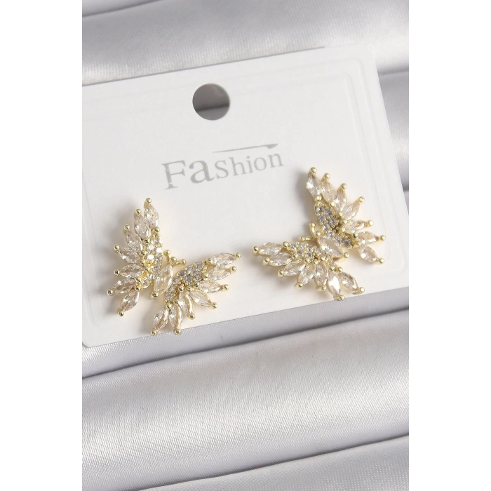 BFS Pirinç Gold Renk Zirkon Taşlı Kelebek Model Kadın Küpe