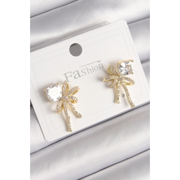 BFS Pirinç Gold Renk Zirkon Taşlı Kurdele Model Kadın Küpe