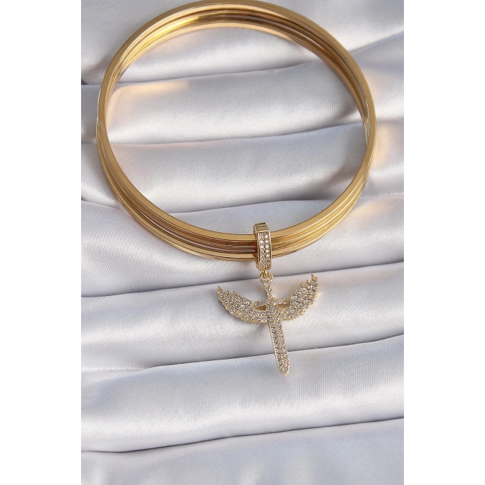 Mey İthalat® Pirinç Gold Renk Zirkon Taşlı Mikail Model Ajda Charm