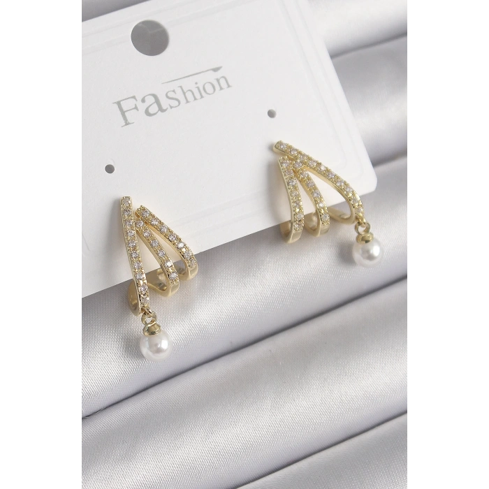 BFS Pirinç Gold Renk Zirkon Taşlı Pençe Model İnci Detay Kadın Küpe