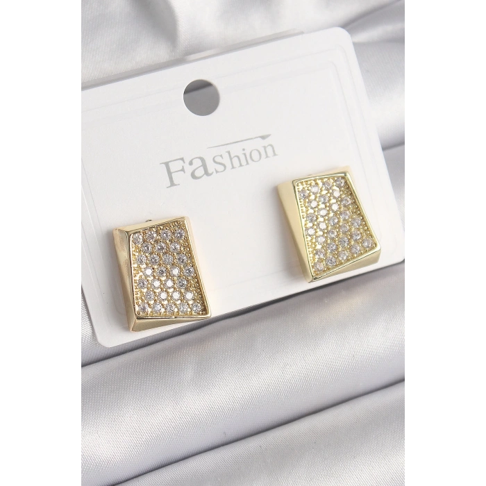 BFS Pirinç Gold Renk Zirkon Taşlı Plaka Model Kadın Küpe