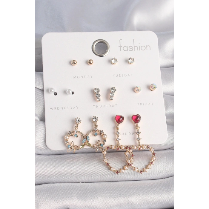 BFS Pirinç Gold Renk Zirkon Taşlı Sallantı Kalp Figür 7 Çift Kadın Küpe Seti