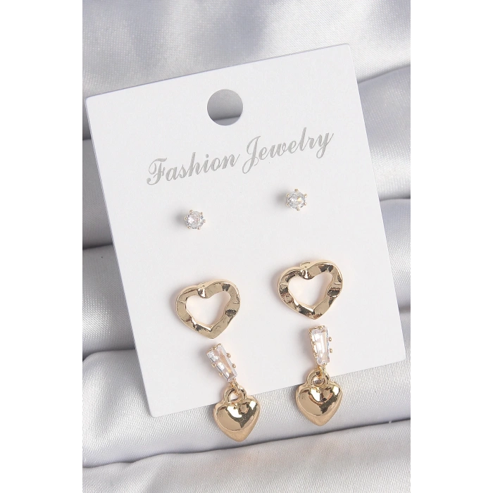 BFS Pirinç Gold Renk Zirkon Taşlı Sallantı Kalp Model Kadın 3 Çift Küpe Seti