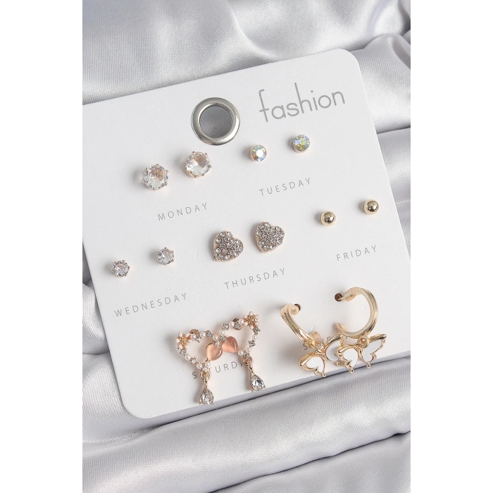 BFS Pirinç Gold Renk Zirkon Taşlı Sallantılı Kalp Figür Kelebek Detay 7 Çift Kadın Küpe Seti