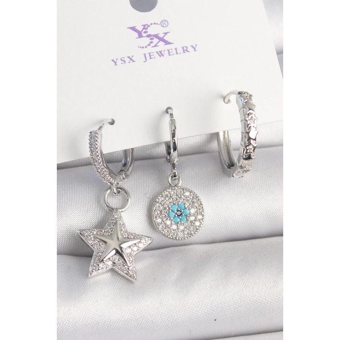 BFS Pirinç Gold Renk Zirkon Taşlı Yıldız Model Nazar Boncuk Detay 3Lü Kadın Kombin Küpe