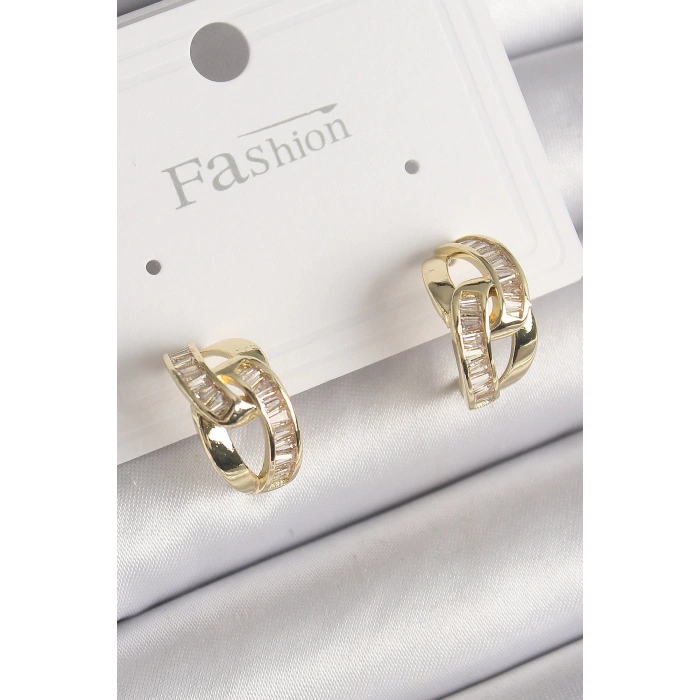 BFS Pirinç Gold Renk Zirkon Taşlı Zincir Model Kadın Küpe